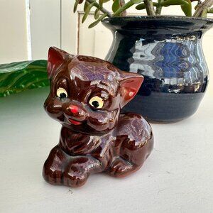 Vintage MCM Kitschy Cat Figurine, Japan Red Clay Pottery Kitten Knick Knack